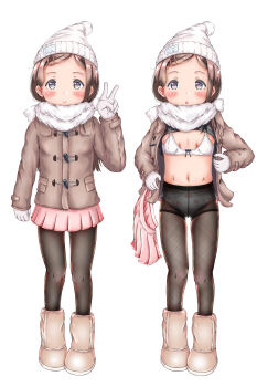 1girl black_bow bow bow_bra bow_panties bra character_request coat copyright_request full_body gloves heart heart_panties heart_print higeepon highres lingerie loli midriff panties panties_under_pantyhose pantyhose pink_bow pink_skirt pleated_skirt print_clothes print_panties print_underwear simple_background skirt solo solo_focus source_request tagme thigh_gap underwear unworn_skirt v white_background white_bra white_gloves white_panties