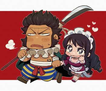Rule 34 | 1boy, 1girl, absurdres, baby 5, black hair, border, cigarette, commentary request, dress, drill hair, heart, highres, holding, holding hands, holding polearm, holding weapon, kageimo, maid headdress, multiple thigh straps, one piece, polearm, puff of air, purple dress, red background, sai (one piece), sash, simple background, smile, sweatdrop, thigh strap, v-shaped eyebrows, weapon, white border