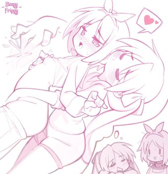 2girls biting biting_ear blush bow clenched_hand closed_eyes clothes_lift clothes_pull female_ejaculation fingering groping hair_bow heart highres hiiragi_kagami hiiragi_tsukasa imagining incest loli long_hair lucky_star moaning monochrome multiple_girls nipple_stimulation open_mouth pants pants_pull parted_bangs pink_theme ponytail shirt_lift short_hair shorts siblings signature sisters sleeping sleepy_frippy spoken_heart sweat
