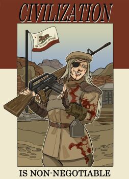 Rule 34 | 1girl, absurdres, ar-15, assault rifle, belt, beret, blood, blood on face, brown belt, brown gloves, brown hair, brown hat, brown jacket, brown pants, canteen, cigarette, commentary, cowboy shot, desert, english commentary, english text, eyepatch, fallout, fallout: new vegas, fingerless gloves, freckles, gloves, green eyes, gun, hat, highres, holding, holding cigarette, holding gun, holding weapon, jacket, looking at viewer, ncr trooper, new california republic, new california republic flag, one eye covered, open mouth, over shoulder, pants, pip boy, propaganda, rifle, scar, scar across eye, scar on face, smile, smoking, soldier, solo, standing, star (symbol), tent, toffee 32, weapon, weapon over shoulder
