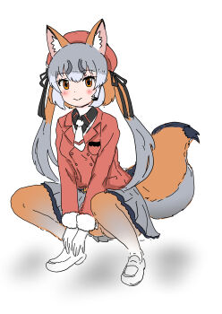 Rule 34 | 1girl, absurdres, animal ears, brown eyes, brown hair, commentary request, extra ears, fox ears, fox girl, fox tail, full body, gloves, grey hair, hat, highres, island fox (kemono friends), jacket, kemono friends, kemono friends v project, looking at viewer, microphone, mo cha chi, necktie, pantyhose, ribbon, shirt, shoes, simple background, sitting, skirt, solo, tail, twintails, virtual youtuber