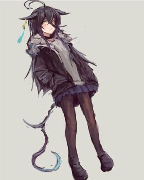 1girl ahoge animal_ears black_choker black_hair black_jacket black_pantyhose blue_skirt blush choker closed_mouth ear_tag earrings fur_trim grey_shirt hair_between_eyes hands_in_pockets hashtag-only_commentary horse_ears horse_girl horse_tail jacket jewelry long_bangs long_hair long_hair_between_eyes long_sleeves looking_at_viewer manhattan_cafe_(umamusume) multicolored_hair open_clothes open_jacket pantyhose shirt shoes simple_background single_earring skirt smile solo tail umamusume white_hair yanagi_wakana yellow_eyes