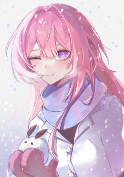 1girl ;) animal breasts coat cyrene_(honkai:_star_rail) cyrene_(ripples_of_past_reverie)_(honkai:_star_rail) diamond-shaped_pupils diamond_(shape) gloves highres holding holding_animal honkai:_star_rail honkai_(series) long_hair medium_breasts naauki20 one_eye_closed pink_gloves pink_hair purple_eyes rabbit scarf smile snowing solo symbol-shaped_pupils very_long_hair white_coat white_rabbit_(animal) winter_clothes winter_coat winter_gloves