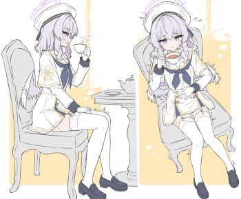 Rule 34 | 1girl, blue archive, blue neckerchief, commentary request, cup, garter belt, hair between eyes, highres, holding, holding cup, long hair, mizusaki (kn27), neckerchief, purple eyes, purple hair, sailor collar, school uniform, serafuku, tea party militant (blue archive), thighhighs, thighs, white sailor collar, white serafuku, white thighhighs