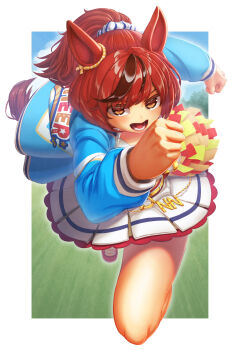 1girl animal_ears blue_jacket blush brown_eyes brown_hair cheerleader commentary_request creape hair_ornament hair_scrunchie highres horse_ears horse_girl horse_tail jacket long_hair long_sleeves looking_at_viewer multicolored_hair nice_nature_(run&amp;win)_(umamusume) nice_nature_(umamusume) official_alternate_costume open_clothes open_jacket open_mouth ponytail running scrunchie shirt skirt solo streaked_hair tail teeth umamusume white_skirt