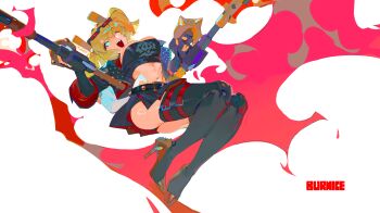 Rule 34 | 1girl, absurdres, black jacket, black skirt, black thighhighs, black tube top, blonde hair, breasts, burnice white, chinese commentary, cleavage, commentary request, eyewear on head, flamethrower, high heels, highres, holding, holding flamethrower, holding weapon, jacket, large breasts, one eye closed, open mouth, red-tinted eyewear, red eyes, skirt, solo, spiked belt, strapless, thighhighs, tinted eyewear, tube top, twintails, weapon, xu sanchuan, zenless zone zero