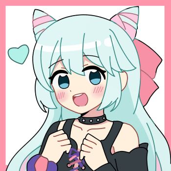 1boy androgynous blue_eyes blue_hair border bow commentary cone_hair_bun crossdressing crossdressing_(mtf) drill_hair english_commentary fire_emblem fire_emblem_engage folded_twintails hair_between_eyes hair_bow hair_bun hair_horns highres hiro_kayama long_hair looking_at_viewer male_focus nintendo off-shoulder_shirt off_shoulder official_alternate_costume open_mouth pink_border pink_bow pink_hair rosado_(fire_emblem) shirt smile solo teeth trap upper_teeth_only white_background