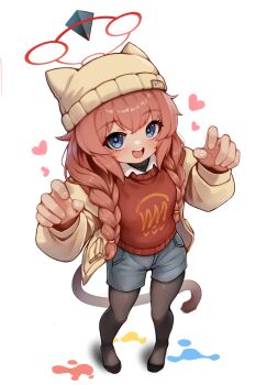 1girl :d animal_ear_headwear animal_ears beanie black_sweater blue_archive blue_eyes blush braid braided_twintails breasts bright_pupils brown_hat brown_jacket brown_pantyhose brown_tail cat_tail chinese_commentary claw_pose collared_shirt commentary fake_animal_ears from_above full_body grey_shorts hair_between_eyes hair_over_shoulder halo hands_up hat heart heart-shaped_pupils highres jacket kemonomimi_mode long_hair long_sleeves looking_at_viewer maki_(blue_archive) maki_(camp)_(blue_archive) making-of_available no_shoes official_alternate_costume official_alternate_hairstyle open_clothes open_jacket open_mouth paint_splatter pantyhose pantyhose_under_shorts pocket red_hair red_halo red_sweater_vest shadow shirt shorts sidelocks simple_background small_breasts smile solo standing sweater sweater_vest symbol-shaped_pupils tail teeth twin_braids upper_teeth_only wangcorain white_background white_shirt