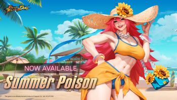 bag beach beach_umbrella bikini bird blue_ribbon blue_sky bracelet cloud coconut_tree deck_chair elbow_carry flower folding_chair gazebo glass handbag hat highres jewelry long_hair muscular muscular_female necklace ocean official_alternate_costume official_art palm_tree pearl_necklace poison_(final_fight) ribbon seagull shade sky smile straw_hat street_fighter street_fighter:_duel sunflower surfboard swimsuit tree umbrella very_long_hair