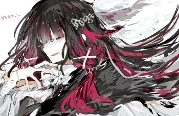 Rule 34 | 1girl, azisai873456, black hair, blunt bangs, bow, closed eyes, coat, columbina (genshin impact), commentary request, eye mask, eyelashes, fatui coat, from side, fur-trimmed coat, fur trim, genshin impact, hair flaps, hair ornament, hair spread out, hair tie, hand on own chest, head wings, highres, jacket, long hair, mask, multicolored hair, open mouth, red hair, sideways mouth, simple background, solo, streaked hair, translation request, two-tone hair, white background, white bow, white coat, white mask, wings, x-shaped eyewear, x hair ornament