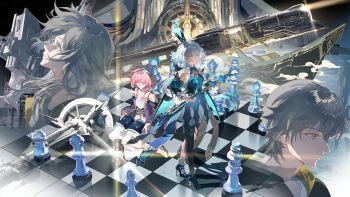 1boy 3girls absurdres astral_express_(honkai:_star_rail) bishop_(chess) black_coat black_thighhighs blue_dress blue_eyes blue_hair caelus_(honkai:_star_rail) cerydra_(honkai:_star_rail) chess_piece chessboard chinese_commentary coat commentary_request crown cyrene_(aedes_elysiae)_(honkai:_star_rail) cyrene_(honkai:_star_rail) detached_sleeves dress dual_persona grey_hair guaisanmu highres holding holding_scepter honkai:_star_rail honkai_(series) jewelry king_(chess) long_hair medium_hair multiple_girls necklace pawn_(chess) pink_hair purple_coat queen_(chess) rook_(chess) scepter short_hair single_thighhigh stelle_(honkai:_star_rail) thighhighs trailblazer_(honkai:_star_rail) train very_long_hair white_dress wings