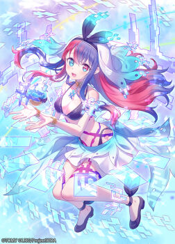 1girl 90kyuuri bikini black_bikini black_bow black_shoes blue_eyes blue_hair blush bow breasts copyright_notice headband highres long_hair looking_at_viewer medium_breasts official_art open_mouth red_hair servant_sharp shoes sidelocks smile solo swimsuit wixoss