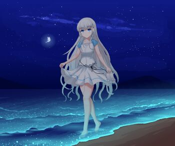 1girl a-pose animated animated_gif bare_legs barefoot beach blinking blue_eyes blunt_ends bug butterfly chinese_commentary closed_mouth commentary_request dress fuchuangzi_summerwind full_body glowing_butterfly hair_behind_ear hair_ornament hairclip holding holding_sandals insect long_hair looking_at_viewer looping_animation naruse_shiroha night night_sky ocean outdoors parallel_hairclips pixel_art ringed_eyes sandals shoes shooting_star short_dress short_sleeves sidelocks signature skirt_hold sky smile soaking_feet solo split_mouth standing star_(sky) starry_sky summer_pockets unworn_shoes very_long_hair white_dress white_hair