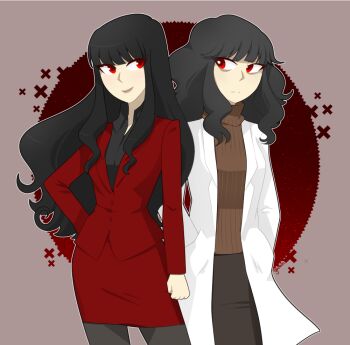 Rule 34 | 2girls, bags under eyes, black hair, black shirt, brown skirt, brown sweater, buttons, closed mouth, coat, collared shirt, expressionless, gallaxi, hand on own hip, hands in pockets, jacket, julia (gallaxi), juno (gallaxi), lab coat, long hair, looking at another, medium hair, multiple girls, primamori clinic, red jacket, red skirt, shirt, siblings, sidelocks, sisters, skirt, smile, sweater, turtleneck, turtleneck sweater, wavy hair, white coat, x