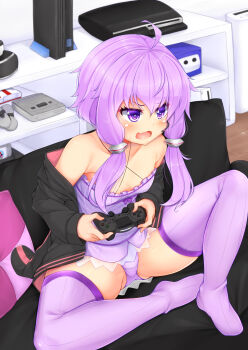 1girl :d ahoge animal_hood bare_shoulders black_hoodie blush bow breasts bright_pupils card cleavage collarbone controller couch criss-cross_halter daichi_(tokoya) dress dualshock female_focus game_console game_controller gamecube gamepad gluteal_fold halterneck highres hood hoodie indoors lips long_sleeves mario_(series) nintendo nintendo_64 no_shoes off_shoulder on_couch open_clothes open_hoodie open_mouth panties pantyshot pillow pink_dress pink_hair pink_panties pink_thighhighs playing_card playstation_3 playstation_4 playstation_controller purple_bow purple_eyes rabbit_hood shelf shiny_skin short_dress short_hair_with_long_locks sidelocks sitting small_breasts smile solo spread_legs super_famicom super_famicom_gamepad super_mario_64 sweat thighhighs tsurime underwear v-shaped_eyebrows vocaloid voiceroid wii wooden_floor yuzuki_yukari