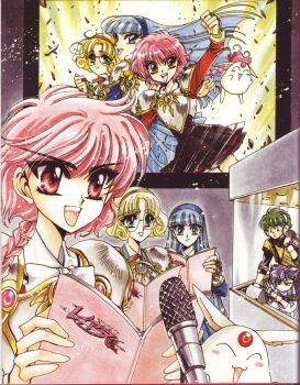 1990s_(style) 2boys 3girls armor blonde_hair blue_eyes blue_hair blue_hairband book clamp clef clef_(rayearth) copyright_name creature ferio_(rayearth) glasses green_eyes green_hair hairband headphones hououji_fuu logo long_hair magic_knight_rayearth microphone multiple_boys multiple_girls multiple_persona official_art pink_hair purple_hair red_eyes retro_artstyle round_eyewear ryuuzaki_umi scan shidou_hikaru short_hair smile