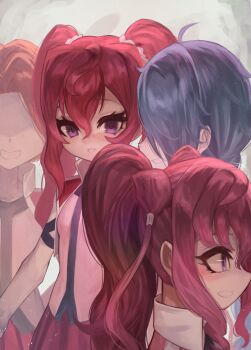 Rule 34 | 4girls, ahoge, blue hair, blush, chris (cross ange), commission, cross ange tr, freckles, hair ribbon, highres, hilda (cross ange), long hair, multiple girls, naomi (cross ange), non-web source, open mouth, orange hair, pink hair, pixiv commission, ponytail, purple eyes, ribbon, rosalie (cross ange), smile, talking, twintails