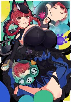 1girl absurdres black_dress black_gloves black_hat braid breasts cat_tail cleavage commentary_request commission dress elbow_gloves full_body gloves hat heart heart_tail highres hitodama huge_breasts kaenbyou_rin kaenbyou_rin_(pikara_flame) multiple_tails multiple_views red_eyes red_hair side_braids skeb_commission skull suriburi06 tail tongue tongue_out touhou touhou_lostword twin_braids two_tails