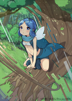 1girl blue_eyes blue_hair blue_shoes blue_shorts blush bra breasts closed_mouth copyright_notice fairy_wings futase_(wixoss) highres in_tree kei_s01 looking_at_viewer medium_hair navel official_art outdoors shoes shorts sitting sitting_in_tree small_breasts solo tree underwear white_bra wings wixoss
