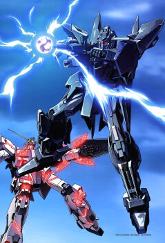 absurdres aiming alternate_form artist_request battle beam_rifle cloud cloudy_sky delta_plus earth_federation energy energy_gun falling firing flying glowing gundam gundam_perfect_file gundam_unicorn highres machinery magazine_scan mecha mecha_focus mobile_suit muzzle_flash no_humans nt-d painting_(medium) realistic robot scan scene_reference science_fiction shield sky traditional_media unicorn_gundam v-fin weapon