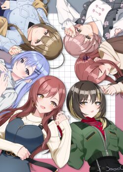 6+girls :o absurdres ahoge alstroemeria_(idolmaster) black_hair black_nails blonde_hair blush brown_hair camellia_90 circle_formation cometik_(idolmaster) commentary fingernails grid_background highres holding_hands idolmaster idolmaster_shiny_colors ikaruga_luca ikuta_haruki interlocked_fingers kuwayama_chiyuki looking_at_another looking_at_viewer multicolored_hair multiple_girls nail_polish osaki_amana osaki_tenka siblings sisters smile streaked_hair suzuki_hana sweatdrop twins two-tone_hair