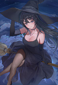 1girl amiki_yuzuru blue_eyes breasts broom broom_riding cleavage cloud commentary_request dress hat highres long_hair sakurajima_mai seishun_buta_yarou smile solo thighhighs witch_hat