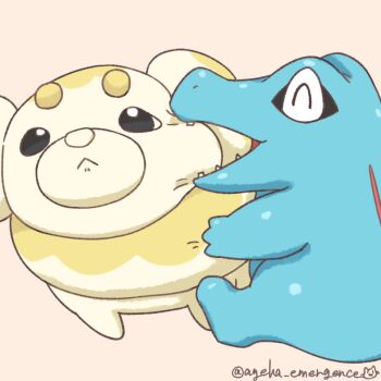 :< ^_^ artist_name biting biting biting_cheek blinking_inside_eyes cheek_pull close-up closed_eyes closed_mouth crocodile crocodilian dog facing_another fidough gen_2_pokemon grey_background happy highres kitsune_neko_tsuu leaning_to_the_side light_frown looking_ahead nintendo no_humans open_mouth pokemon pokemon_(creature) pokemon_focus simple_background sitting standing totodile wrinkled_chin