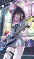Rule 34 | 1girl, animal ears, bass guitar, black choker, black hair, black mask, blue archive, blush, breasts, cat ears, choker, colored inner hair, cowboy shot, extra ears, fang, hair ornament, hairclip, halo, highres, holding, holding instrument, instrument, kazusa (band) (blue archive), kazusa (blue archive), mask, mask pull, miho (user7939139), mouth mask, multicolored hair, music, official alternate costume, open mouth, pink hair, pink halo, playing instrument, pleated skirt, red eyes, shirt, short hair, short sleeves, skin fang, skirt, small breasts, smile, solo, thigh strap, white shirt, white skirt