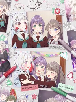 Rule 34 | > o, 3girls, :d, ;o, ^ ^, annotation request, aqua neckerchief, bird, black choker, blush, brown dress, brown hair, cat, character logo, chicken, choker, closed eyes, color-coded, colored inner hair, commentary, comparison, doodle inset, dress, flower, fujishima megumi, green eyes, grey hair, hair bun, hair flower, hair intakes, hair ornament, hairclip, hanamiya nina (style), hasu no sora school uniform, heart, highres, hug, kyaku tasu, light frown, link! like! love live!, long sleeves, looking at viewer, love live!, low ponytail, multicolored hair, multiple girls, neckerchief, o-ring, o-ring choker, official alternate hairstyle, ogami sachi, one eye closed, open mouth, otomune kozue, parted lips, partially annotated, pen, photo (object), pink eyes, ponytail, purple eyes, purple hair, red flower, red hair, sailor collar, sailor dress, school uniform, short hair, side ponytail, sidelocks, single side bun, smile, star (symbol), streaked hair, teeth, translation request, two side up, upper teeth only, virtual graduation commemoration, virtual youtuber, washi tape (object), watermark, watermark grid, white sailor collar, winter uniform, yugiri tsuzuri