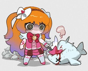 1girl @_@ blood bow chibi e.g.o_(project_moon) flaw_eight freckles full_body gradient_hair hair_bow in_the_name_of_love_and_hate_(e.g.o) ishmael_(project_moon) limbus_company lobotomy_corporation long_hair magical_girl multicolored_hair orange_hair pink_shoes pink_skirt pink_vest project_moon shaded_face shoes skirt solo the_pallid_whale thighhighs two_side_up very_long_hair vest white_bow white_thighhighs you're_doing_it_wrong