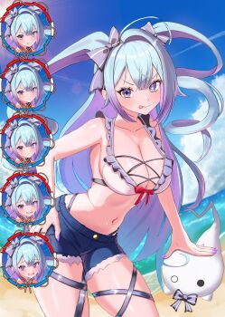 1girl :p @_@ absurdres beach bikini black_bow blue_hair blue_shorts bow breasts bright_pupils character_request cleavage collarbone commentary_request commission copyright_request futoshi_95 hair_bow highres long_hair mismatched_pupils multiple_expressions open_mouth purple_eyes purple_nails shorts skeb_commission solo sweat swimsuit tongue tongue_out white_bikini white_pupils