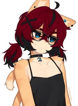 1girl adversarial_noise aeiou_(yoako) ahoge animal_ears animal_nose black-framed_eyewear black_choker black_hair body_fur cat_ears cat_girl cat_tail choker furry furry_female glasses hair_ornament highres multicolored_hair original red_hair solo tail two-tone_hair x_hair_ornament yoako
