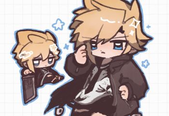 1boy black_coat black_necktie black_pants blonde_hair blue_eyes blym7oym7759061 buster_sword chibi chibi_only cloud_strife cloud_strife_(urban_wolf) coat dissidia_duellum_final_fantasy dissidia_final_fantasy final_fantasy final_fantasy_vii grid_background highres holding holding_sword holding_weapon male_focus multiple_views necktie official_alternate_costume pants print_shirt shirt short_hair solo spiked_hair sword torn_clothes torn_pants weapon