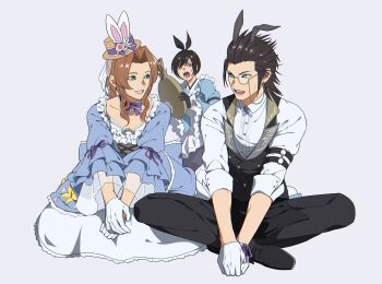 1boy 2girls aerith_gainsborough aerith_gainsborough_(classic_coney) animal_ear_hairband animal_ear_headwear animal_ears aqua_eyes black_hair black_pants black_shoes black_vest blue_cross_tie blue_dress brown_eyes butler choker collared_shirt cross_scar dress dress_flower earrings facial_scar fake_animal_ears final_fantasy final_fantasy_vii final_fantasy_vii_ever_crisis flower gloves green_eyes grey_background grin hair_flower hair_ornament hair_slicked_back hairband hat highres holding holding_pocket_watch igusaharu indian_style jewelry kneeling layered_sleeves long_dress long_hair looking_at_another mini_hat monocle multiple_girls official_alternate_costume open_mouth own_hands_together pants parted_bangs pocket_watch rabbit_ears ribbon_choker scar scar_on_cheek scar_on_face shirt shoes short_hair shouting sideburns sidelocks single_earring sitting sleeves_rolled_up smile sweatdrop teeth veil vest watch white_flower white_gloves white_shirt wide_sleeves yellow_flower yuffie_kisaragi yuffie_kisaragi_(bunny_apron) zack_fair zack_fair_(bunny_butler)