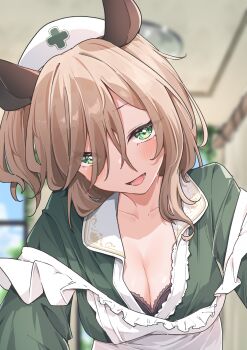 1girl :d absurdres airenif animal_ears apron black_bra blurry blurry_background bra bra_peek breasts brown_hair cleavage close-up contrast_collar dress frilled_apron frills green_dress green_eyes hat highres indie_virtual_youtuber indoors lace lace-trimmed_bra lace_trim large_breasts long_sleeves looking_at_viewer nimi_nightmare nimi_nightmare_(1st_costume) nurse nurse_cap one_side_up open_mouth smile solo swept_bangs tapir_ears tapir_girl underwear upper_body virtual_youtuber white_apron