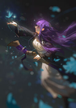 1girl black_robe blunt_bangs bug butterfly commentary dress fern_(sousou_no_frieren) from_side highres holding holding_staff insect jiunn_kuo mage_staff purple_eyes purple_hair purple_pupils robe solo sousou_no_frieren staff straight_hair white_dress