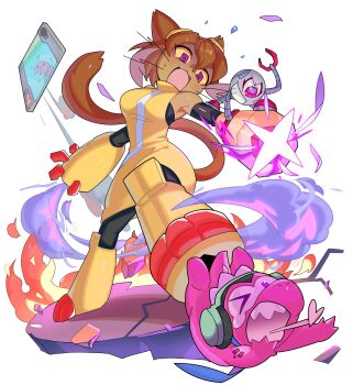 1girl 2boys absurdres animal_ears breasts brown_hair cat_ears cat_girl cat_tail colored_sclera commentary dress english_commentary full_body furry furry_female gameoverse gobbles_(gameoverse) highres kaboodle_(gameoverse) kit_bodega medium_breasts multiple_boys pkbunny purple_eyes robot short_hair simple_background tail white_background yellow_dress yellow_sclera