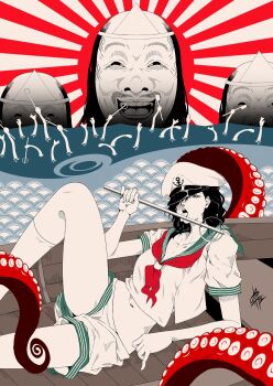 1girl anchor anchor_symbol boat disembodied_hand feet_out_of_frame fine_art_parody green_sailor_collar hat highres hishaku japanese_clothes licking looking_at_viewer midriff murasa_minamitsu nihonga ocean octopus parody reclining ripples sailor sailor_collar sailor_hat sailor_shirt school_uniform serafuku shirt shorts signature socks sunburst tentacles touhou triangular_headpiece ukiyo-e watercraft wave_print wet wet_hair white_shorts yamada_satoshi
