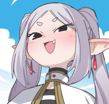 1girl black_eyes blue_sky capelet commentary earrings elf english_commentary fang frieren gold_trim grey_hair head_back highres jewelry long_pointy_ears looking_at_viewer meme open_mouth orenjipiiru parted_bangs pointy_ears portrait shirt sky smile smug solo sousou_no_frieren striped_clothes striped_shirt teardrop_earrings thick_eyebrows twintails upward_angle_frieren_drawing_(meme) v-shaped_eyebrows variant_set white_capelet