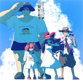 Rule 34 | 2boys, 2girls, absurdres, alternate costume, bell, black eyes, black hair, black necktie, blue sky, bow, breasts, brown hat, brown sandals, brown shorts, closed eyes, closed mouth, cloud, commentary request, cookie (touhou), creaf (cookie), day, dress, empty eyes, flip-flops, frilled hair tubes, frills, full body, hair bell, hair ornament, hair tubes, hakurei reimu, hat, hat bow, highres, jingle bell, large breasts, long hair, looking at viewer, manatsu no yo no inmu, motoori kosuzu, muimui (4242564muimui), multiple boys, multiple girls, necktie, necktie dekasugi, nikutai ha ojarumaru, noel (cookie), open mouth, outdoors, pink hair, red bow, red eyes, sandals, shirt, shoes, short hair, shorts, sky, sleeveless, sleeveless dress, smile, standing, sun hat, sunglasses, t-shirt, touhou, translation request, white dress, white shirt, white shoes