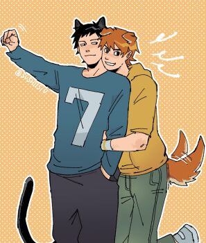 2boys alternate_costume animal_ears arm_up black_eyes black_hair black_pants blue_shirt cat_ears cat_tail commentary couple cowboy_shot dog_ears dog_tail english_commentary extra_ears green_pants hair_between_eyes hood hood_down hoodie kemonomimi_mode leg_up long_sleeves male_focus multiple_boys orange_background orange_hair outline pants polka_dot polka_dot_background print_shirt scott_pilgrim scott_pilgrim_(series) shirt short_hair sushiisiu tail tail_wagging wallace_wells white_outline wristband yaoi yellow_hoodie