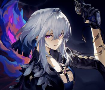 1girl black_gloves blue_bra blue_hair bra breasts colored_inner_hair commentary earrings galbrena_(wuthering_waves) gloves gold_choker gun hair_between_eyes hand_up highres holding holding_gun holding_weapon jewelry koharu1807 looking_to_the_side medium_breasts medium_hair multicolored_hair parted_lips purple_eyes sidelocks smile solo underwear upper_body weapon wuthering_waves