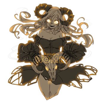 1girl abyssal_ship animal_skull backlighting bare_shoulders black_dress breasts cleavage commentary_request cow_skull cropped_legs curled_horns detached_sleeves dress floating_hair frilled_sleeves frills glowing glowing_eyes greyscale hair_between_eyes holding holding_skull horns kantai_collection long_hair mediterranean_dreadnought_water_princess monochrome oso_(toolate) simple_background skeletal_hand skull solo strapless strapless_dress twitter_username very_long_hair yellow_eyes