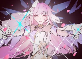 1girl bare_shoulders breasts bridal_veil commentary corset crystal_shards elysia_(herrscher_of_human:_ego)_(honkai_impact) elysia_(honkai_impact) english_commentary fuahina gloves highres honkai_(series) honkai_impact_3rd large_breasts long_hair multicolored_hair pink_hair purple_eyes solo triquetra two-tone_hair veil very_long_hair white_corset white_gloves white_hair white_veil