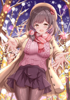 1girl :d beret black_hair black_pantyhose black_skirt blush breasts brown_coat brown_eyes christmas christmas_lights coat commentary_request commission hair_ornament hat hat_ribbon highres long_hair looking_at_viewer medium_breasts night ongeki open_mouth outdoors outstretched_arms pantyhose pink_sweater pixiv_commission ribbon sakurai_haruna_(ongeki) skirt smile solo standing sweater tree white_hat xenon_(for_achieve)