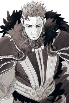 1boy alternate_universe beard_stubble boku_no_hero_academia cape circlet closed_mouth commentary dot_(pnt_sgr) endeavor_(boku_no_hero_academia) facial_hair fantasy fur-trimmed_cape fur_trim greyscale highres long_sleeves looking_down male_focus monochrome scar scar_across_eye scar_on_face short_hair simple_background solo stubble symbol-only_commentary upper_body white_background