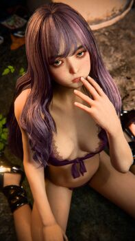 1girl 3d absurdres bare_shoulders black_shoes bra closed_mouth female_focus freckles green_eyes highres kaya_(stellar_blade) long_hair looking_at_viewer non-web_source panties purple_bra purple_hair purple_panties shoes sitting solo spread_legs stellar_blade tagme underwear