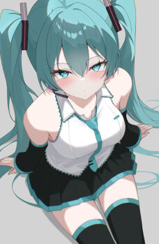 1girl aqua_eyes aqua_hair aqua_necktie aqua_trim black_skirt blush boots breasts closed_mouth collared_shirt commentary_request dark_skin detached_sleeves eikawa_suru grey_background hair_between_eyes hair_ornament hatsune_miku headset highres long_hair long_sleeves looking_at_viewer medium_breasts necktie pleated_skirt shirt simple_background sitting skirt sleeveless sleeveless_shirt solo thigh_boots twintails upturned_eyes very_long_hair vocaloid white_shirt