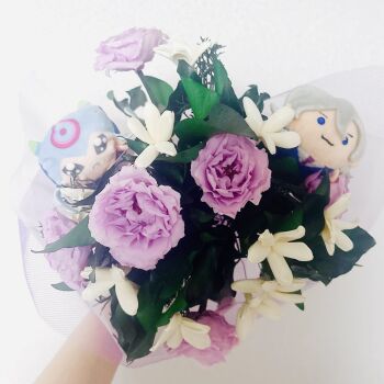 black_eyes blue_eyes digimon flower higashimitarai_kiyoshiro jellymon necktie short_hair smile stuffed_toy