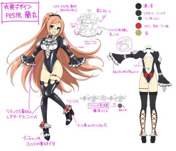 1girl :d ankle_bow ankle_cuffs ankle_ribbon arm_bow ass back back_cutout black_bow black_bowtie black_footwear black_leotard blue_eyes blush boots bow bowtie breasts center_frills center_la reference_sheet clothing_cutout collar color_guide concept_art frilled_collar frilled_cuffs frilled_leotard frilled_sleeves frills from_behind full_body gem glasses groin hair_ornament hair_scrunchie high_heels juliet_sleeves lace-trimmed_leotard lace_trim leg_ribbon leotard long_hair long_sleeves looking_at_viewer median_furrow medium_breasts multiple_views notes official_alternate_costume official_art open_mouth orange_hair parted_bangs ponytail production_art puffy_sleeves ranmaru_(senran_kagura) red_bow red_gemstone ribbon scrunchie senran_kagura senran_kagura_new_link senran_kagura_new_wave shiny_skin shoulder_blades simple_background smile standing standing_on_one_leg thigh_boots thigh_bow thigh_strap translation_request turnaround waist_bow white_background yaegashi_nan